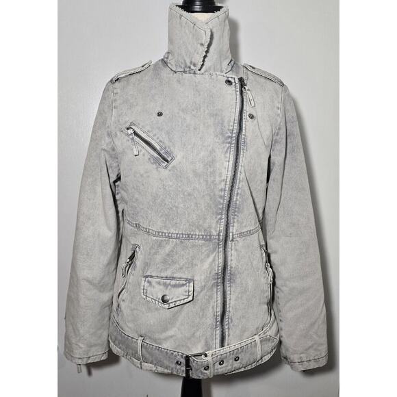 Levi's Jacket Gray Acid Washed Denim Belted Sherpa Moto Punk Streetwear Women M - Picture 2 of 8